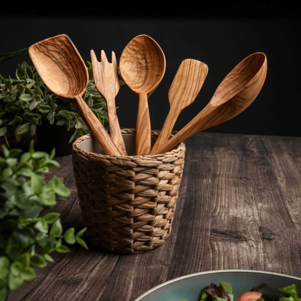 Handcrafted olive wood utensil gifting set with branded packaging from Lesvos Woodcraft